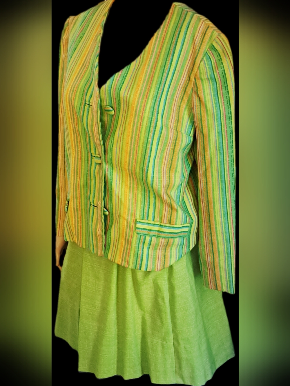 Vintage Hand Sewn Striped Long Sleeve Lined Jacket & Pleated Skirt in Lime Green